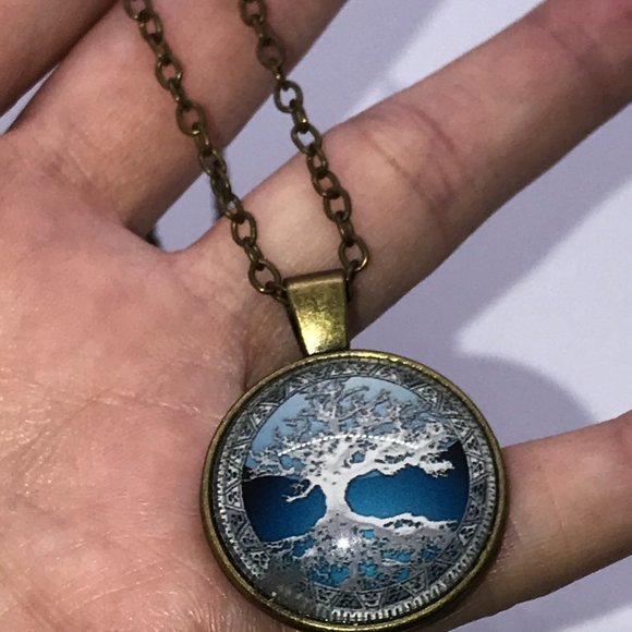 18" Blue Tree and Reflection Brass Necklace - Picture 5 of 5